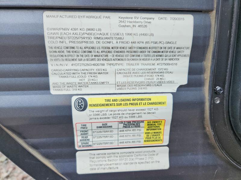 Продажа на аукционе авто 2016 Keystone Unknown, vin: 4YDT27525GH920788, номер лота: 56579806