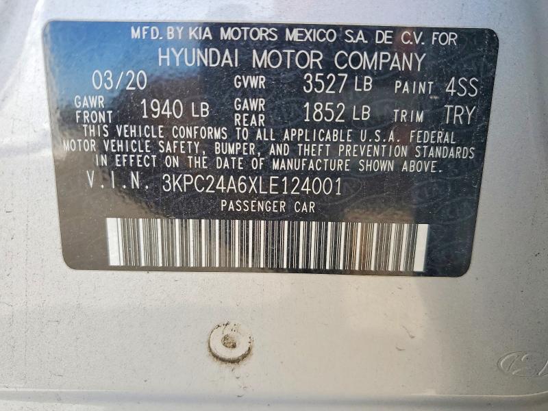 2020 Hyundai Accent მანქანა იყიდება აუქციონზე, vin: 3KPC24A6XLE124001, აუქციონის ნომერი: 55144936