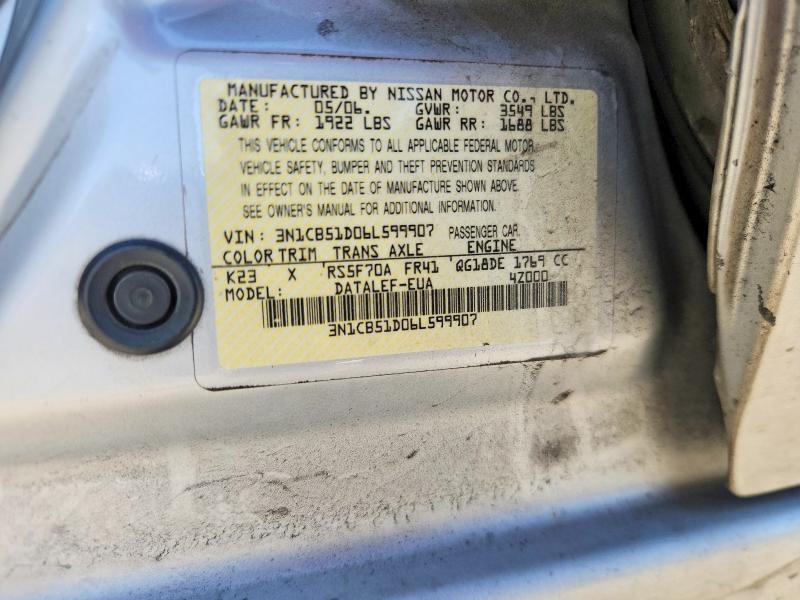 2006 Nissan Sentra მანქანა იყიდება აუქციონზე, vin: 3N1CB51D06L599907, აუქციონის ნომერი: 56512186