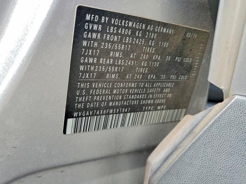 56329816 :رقم المزاد ، WVGAV7AX6FW591947 vin ، 2015 Volkswagen Tiguan مزاد بيع