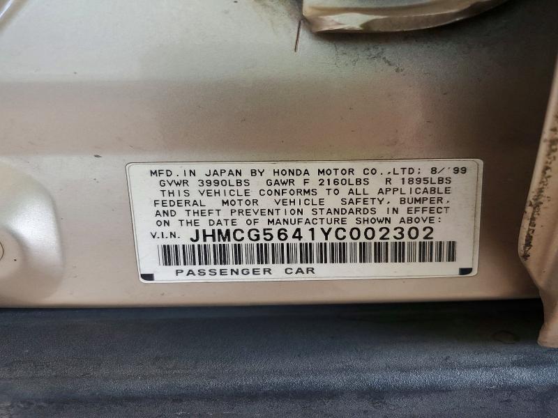 57382536 :رقم المزاد ، JHMCG5641YC002302 vin ، 2000 Honda Accord مزاد بيع