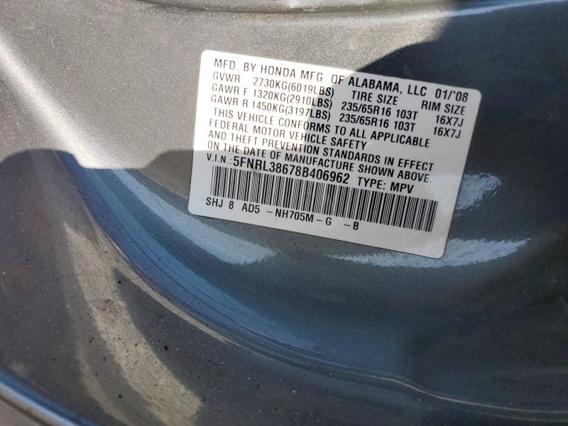 Aukcja sprzedaży 2008 Honda Odyssey, vin: 5FNRL38678B406962, numer aukcji: 59351466