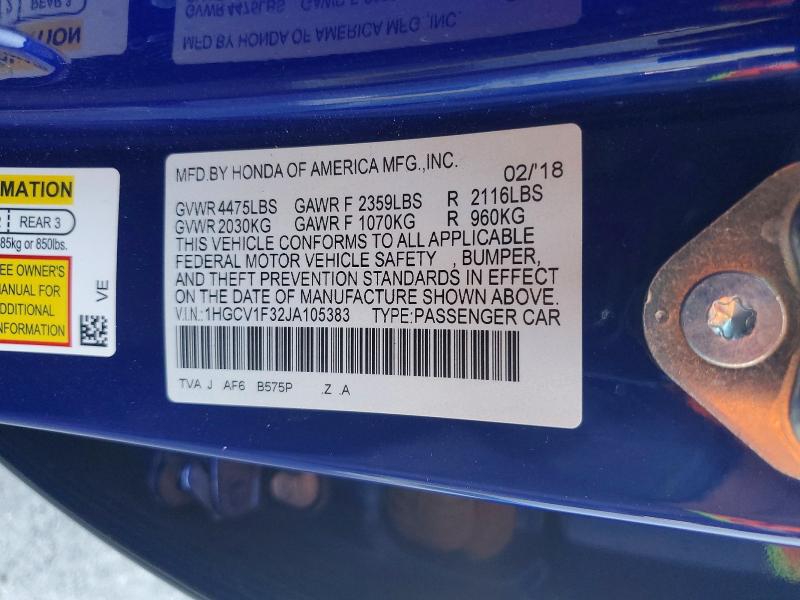 Продаж на аукціоні авто 2018 Honda Accord, vin: 1HGCV1F32JA105383, номер лоту: 56954156