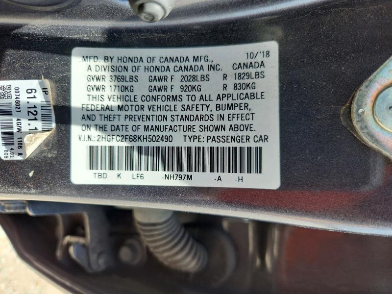 59263276 :رقم المزاد ، 2HGFC2F68KH502490 vin ، 2019 Honda Civic مزاد بيع