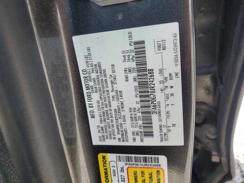 Aukcja sprzedaży 2018 Ford Fusion, vin: 3FA6P0G70JR242688, numer aukcji: 58967396
