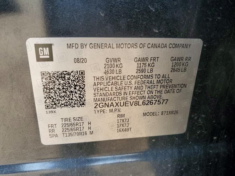 2020 Chevrolet Equinox მანქანა იყიდება აუქციონზე, vin: 2GNAXUEV8L6267577, აუქციონის ნომერი: 56268746