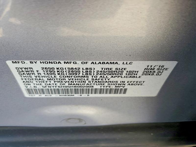 2017 Honda Pilot მანქანა იყიდება აუქციონზე, vin: 5FNYF6H05HB002008, აუქციონის ნომერი: 56680056