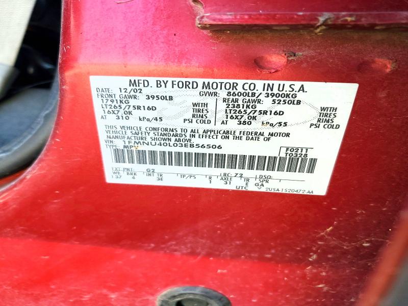 2003 Ford Excursion მანქანა იყიდება აუქციონზე, vin: 1FMNU40L03EB56506, აუქციონის ნომერი: 59394006