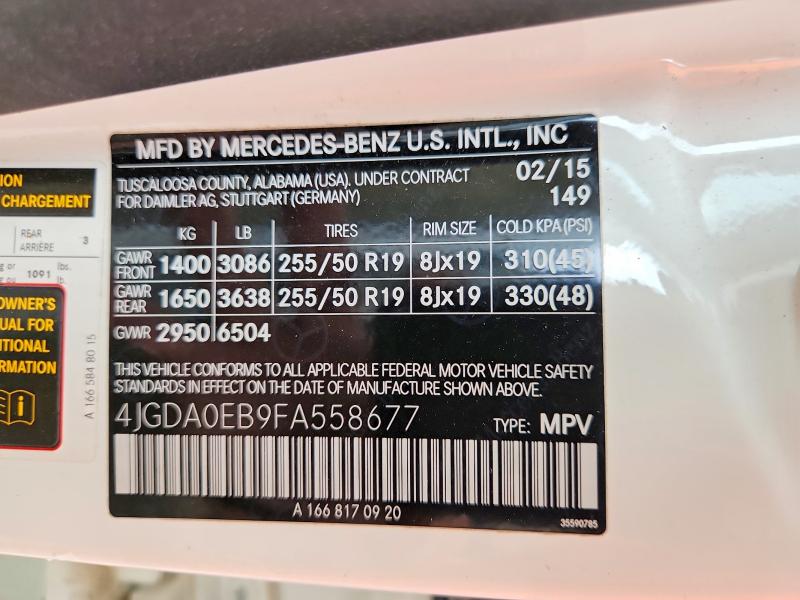 2015 Mercedes-benz Ml მანქანა იყიდება აუქციონზე, vin: 4JGDA0EB9FA558677, აუქციონის ნომერი: 56432866