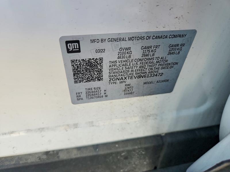 Продаж на аукціоні авто 2022 Chevrolet Equinox, vin: 2GNAXTEV8N6133472, номер лоту: 57183426