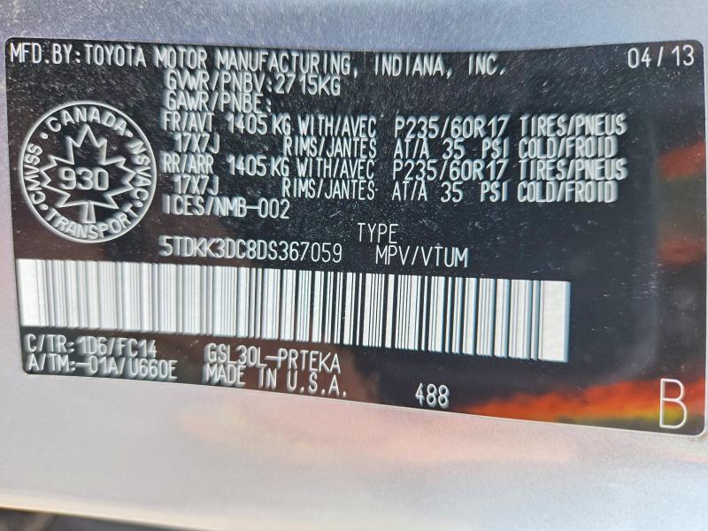 2013 Toyota Sienna მანქანა იყიდება აუქციონზე, vin: 5TDKK3DC8DS367059, აუქციონის ნომერი: 56432536