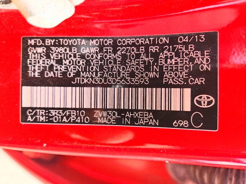Aukcja sprzedaży 2013 Toyota Prius, vin: JTDKN3DU3D5633593, numer aukcji: 56343936