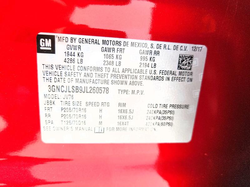 56677286 :رقم المزاد ، 3GNCJLSB9JL260578 vin ، 2018 Chevrolet Trax مزاد بيع