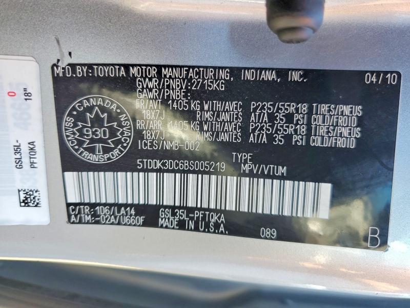 Aukcja sprzedaży 2011 Toyota Sienna, vin: 5TDDK3DC6BS005219, numer aukcji: 57675546