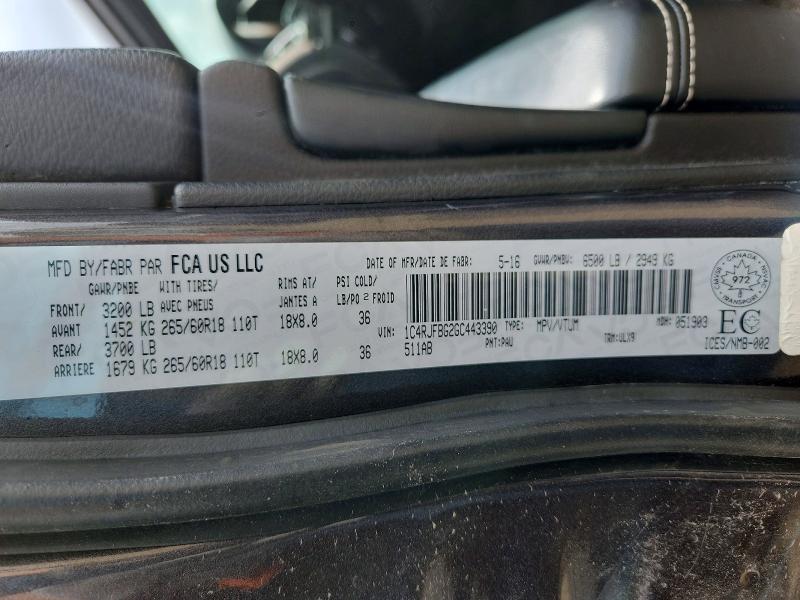 57603446 :رقم المزاد ، 1C4RJFBG2GC443390 vin ، 2016 Jeep Grand Cherokee مزاد بيع