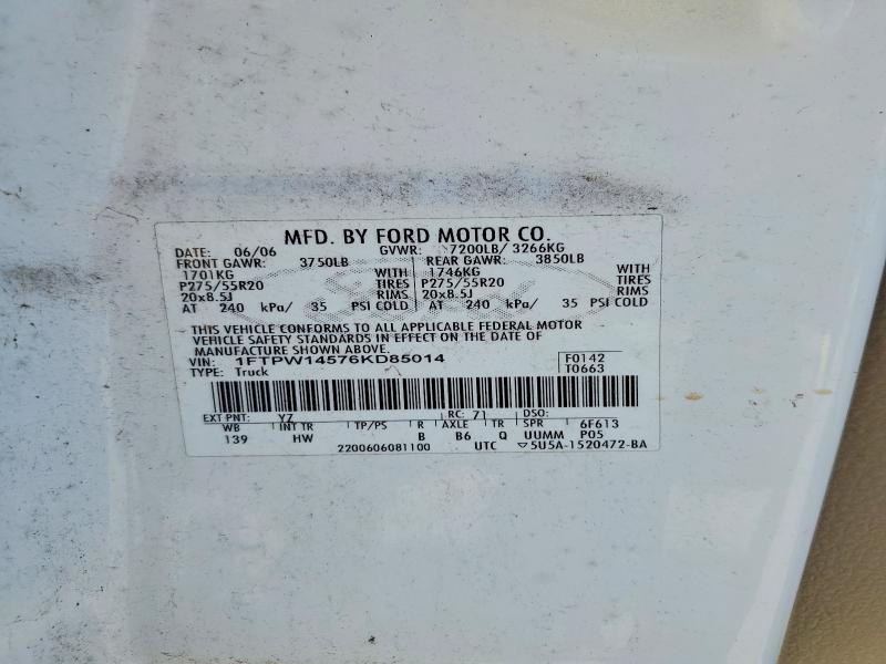 2006 Ford F150 მანქანა იყიდება აუქციონზე, vin: 1FTPW14576KD85014, აუქციონის ნომერი: 56274016
