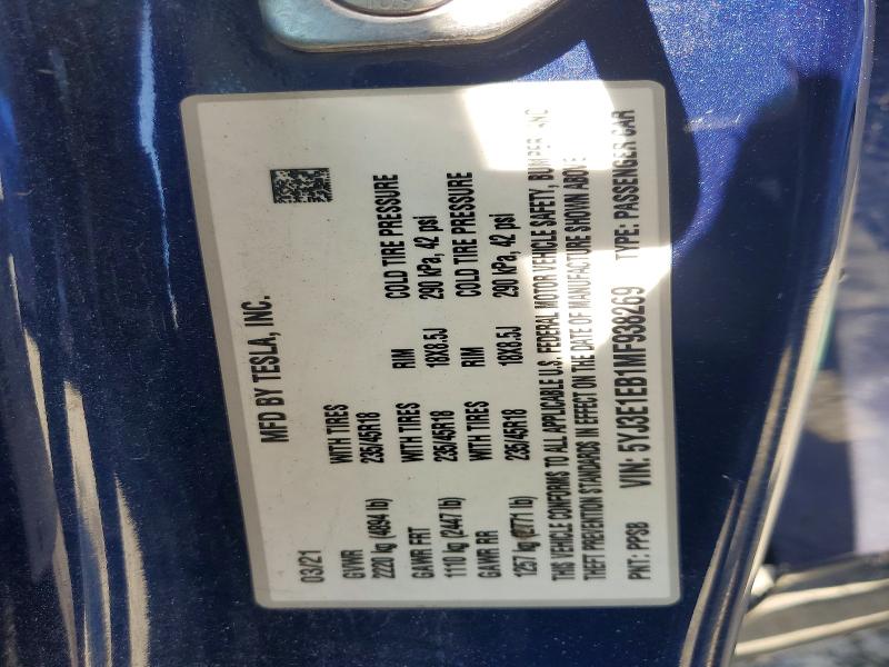 Продажа на аукционе авто 2021 Tesla Model 3, vin: 5YJ3E1EB1MF938269, номер лота: 55938416