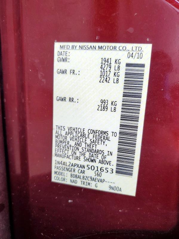 2010 Nissan Altima მანქანა იყიდება აუქციონზე, vin: 1N4AL2APXAN501653, აუქციონის ნომერი: 57482276