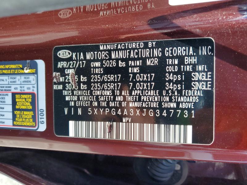 59144816 :رقم المزاد ، 5XYPG4A3XJG347731 vin ، 2018 Kia Sorento مزاد بيع