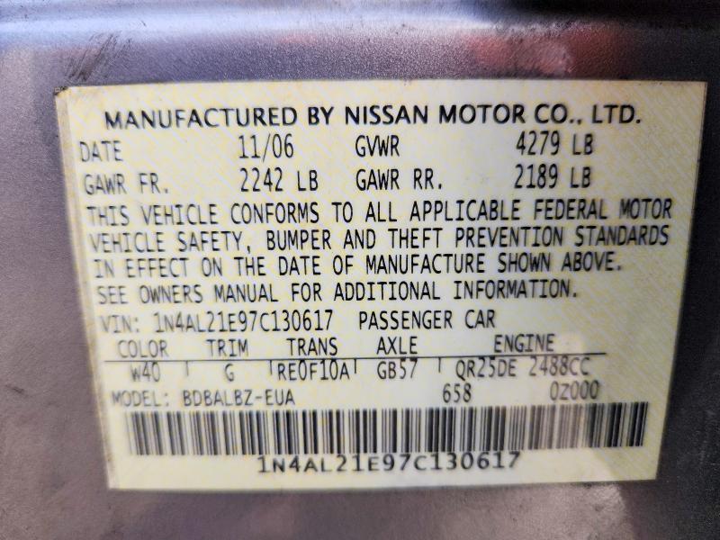 2007 Nissan Altima მანქანა იყიდება აუქციონზე, vin: 1N4AL21E97C130617, აუქციონის ნომერი: 57923836
