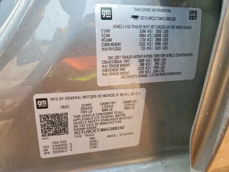2021 Gmc Siera15002wd მანქანა იყიდება აუქციონზე, vin: 3GTU9CET3MG388192, აუქციონის ნომერი: 56519496