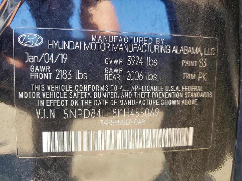 56272916 :رقم المزاد ، 5NPD84LF8KH455069 vin ، 2019 Hyundai Elantra مزاد بيع