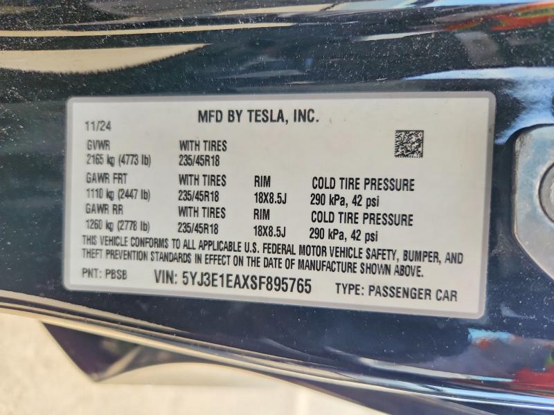 Aukcja sprzedaży 2025 Tesla Model 3, vin: 5YJ3E1EAXSF895765, numer aukcji: 56801196