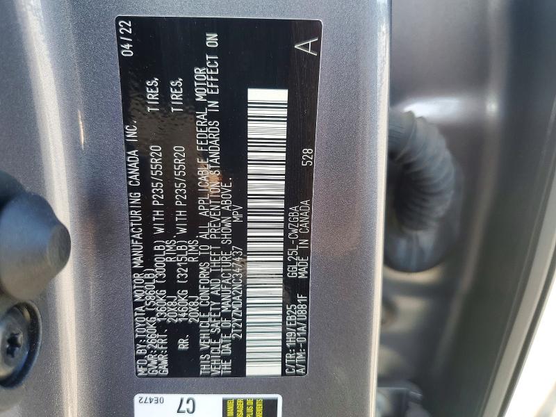 2022 Lexus Rx მანქანა იყიდება აუქციონზე, vin: 2T2YZMDA2NC347437, აუქციონის ნომერი: 57036916