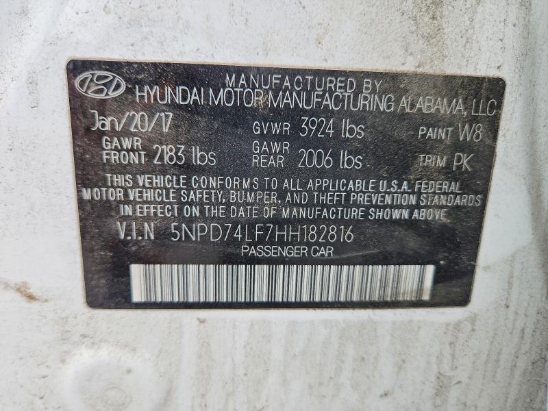 59179606 :رقم المزاد ، 5NPD74LF7HH182816 vin ، 2017 Hyundai Elantra مزاد بيع