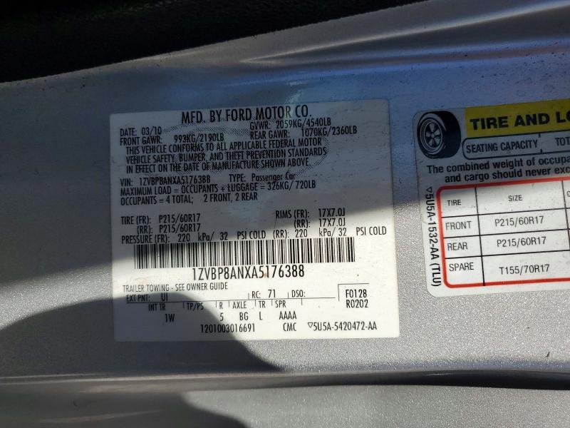 2010 Ford Mustang მანქანა იყიდება აუქციონზე, vin: 1ZVBP8ANXA5176388, აუქციონის ნომერი: 55984716