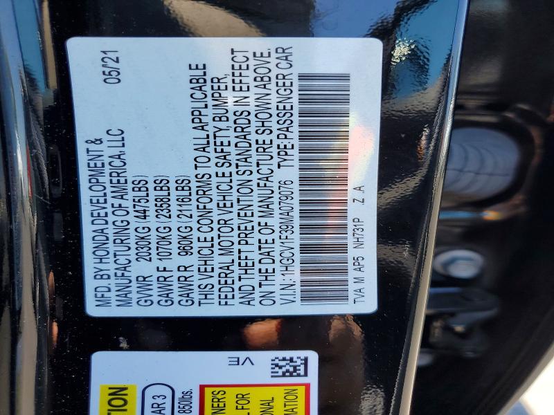 Продажа на аукционе авто 2021 Honda Accord, vin: 1HGCV1F39MA079076, номер лота: 58031676