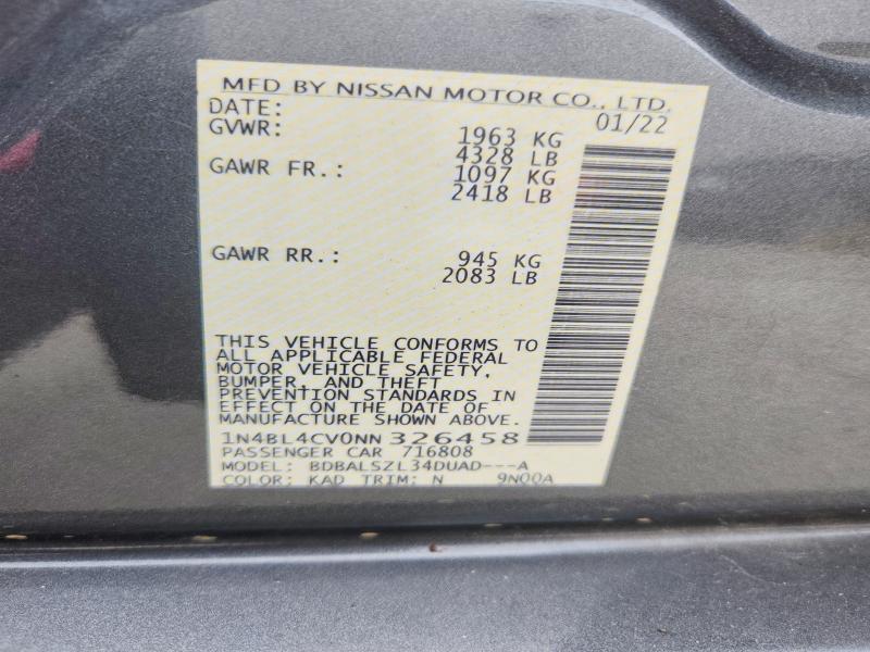 2022 Nissan Altima მანქანა იყიდება აუქციონზე, vin: 1N4BL4CV0NN326458, აუქციონის ნომერი: 56943776