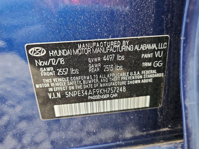 2019 Hyundai Sonata მანქანა იყიდება აუქციონზე, vin: 5NPE34AF9KH757248, აუქციონის ნომერი: 57722326