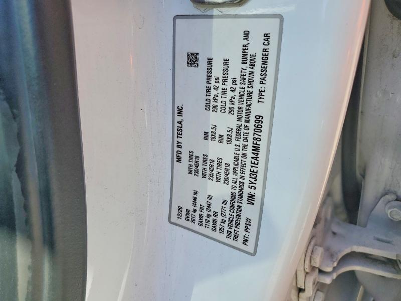 2021 Tesla Model 3 მანქანა იყიდება აუქციონზე, vin: 5YJ3E1EA4MF870699, აუქციონის ნომერი: 55637496