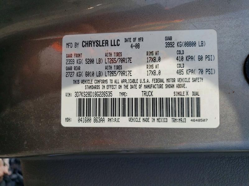 2008 Dodge Ram 2500 მანქანა იყიდება აუქციონზე, vin: 3D7KS28D18G226535, აუქციონის ნომერი: 55440796