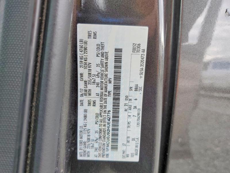 2017 Ford Escape მანქანა იყიდება აუქციონზე, vin: 1FMCU0J92HUE42776, აუქციონის ნომერი: 55996076