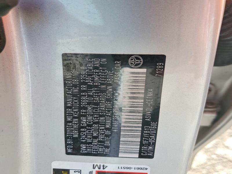 2011 Toyota Camry მანქანა იყიდება აუქციონზე, vin: 4T4BF3EK7BR133242, აუქციონის ნომერი: 56227446