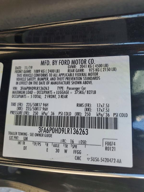 56102456 :رقم المزاد ، 3FA6P0HD9LR136263 vin ، 2020 Ford Fusion مزاد بيع