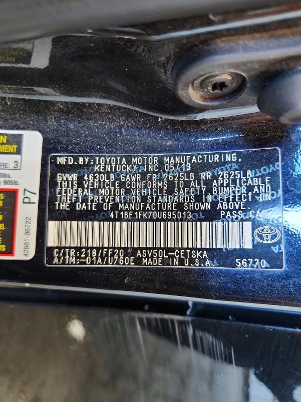 2013 Toyota Camry მანქანა იყიდება აუქციონზე, vin: 4T1BF1FK7DU695013, აუქციონის ნომერი: 55875936