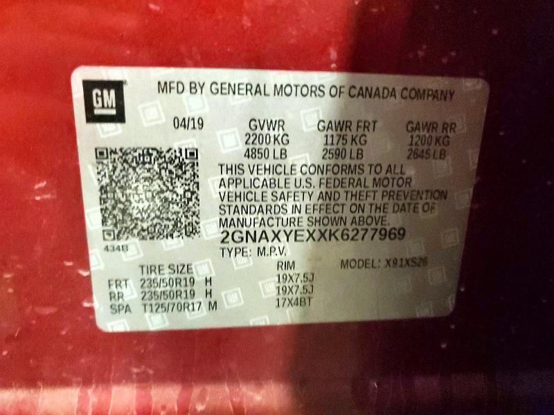 Aukcja sprzedaży 2019 Chevrolet Equinox, vin: 2GNAXYEXXK6277969, numer aukcji: 56537866