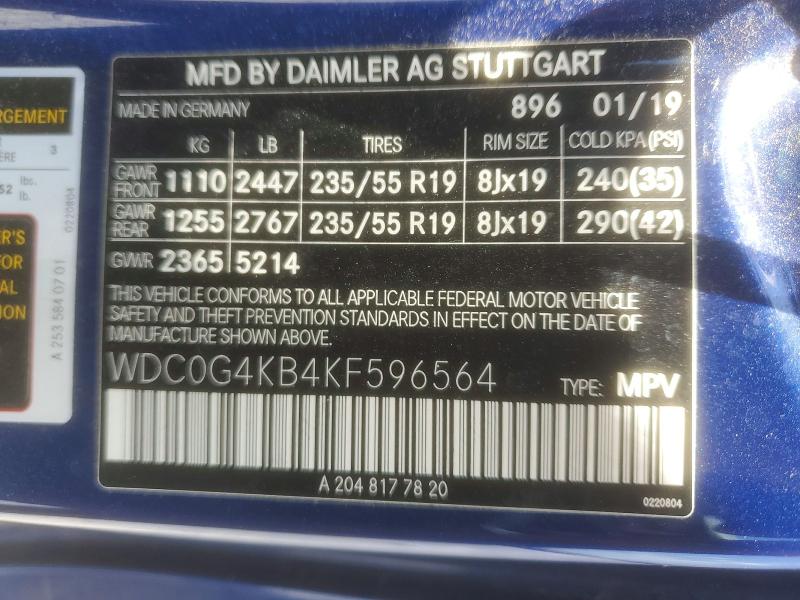 2019 Mercedes-benz Glc მანქანა იყიდება აუქციონზე, vin: WDC0G4KB4KF596564, აუქციონის ნომერი: 59278046
