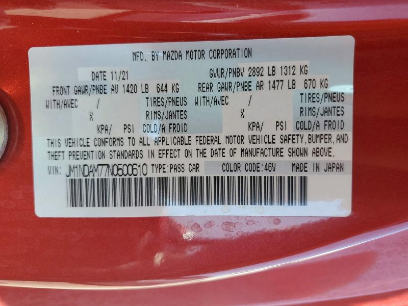 Aukcja sprzedaży 2022 Mazda Mx-5 Miata, vin: JM1NDAM77N0500610, numer aukcji: 55615526