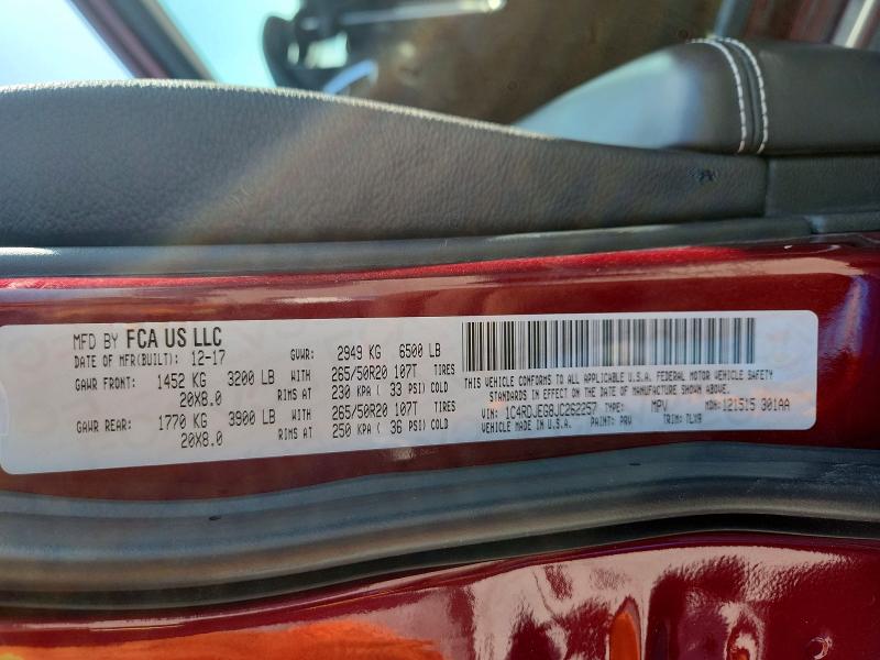 2018 Dodge Durango მანქანა იყიდება აუქციონზე, vin: 1C4RDJEG8JC262257, აუქციონის ნომერი: 55608606