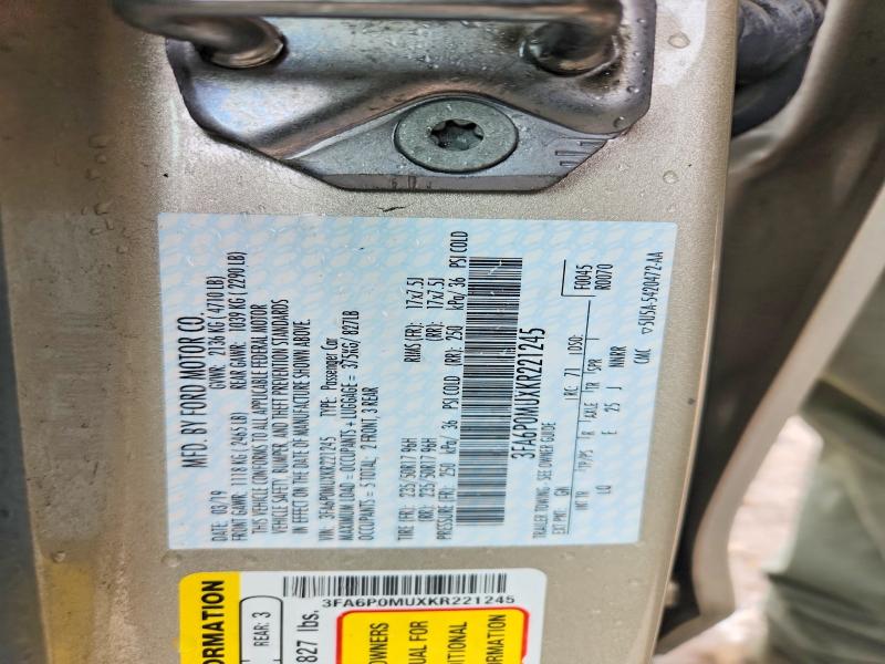 Продажа на аукционе авто 2019 Ford Fusion, vin: 3FA6P0MUXKR221245, номер лота: 57711566