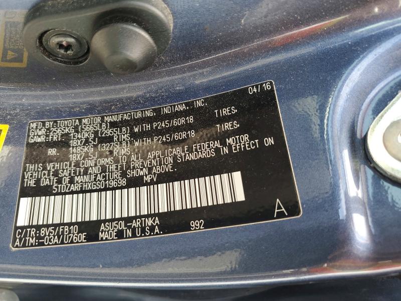 55765676 :رقم المزاد ، 5TDZARFHXGS019698 vin ، 2016 Toyota Highlander مزاد بيع