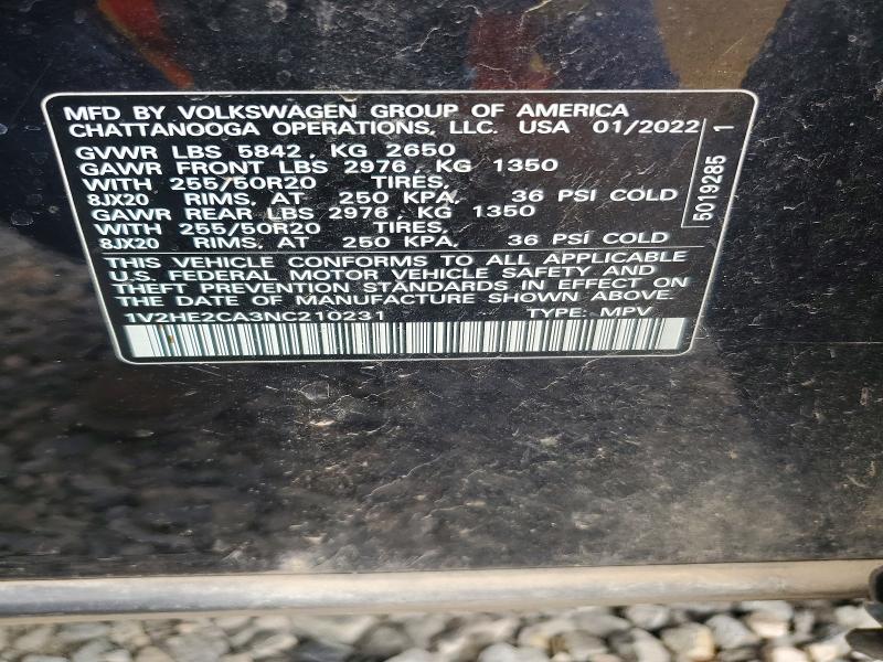 2022 Volkswagen Atlas Cross Sport მანქანა იყიდება აუქციონზე, vin: 1V2HE2CA3NC210231, აუქციონის ნომერი: 85635185