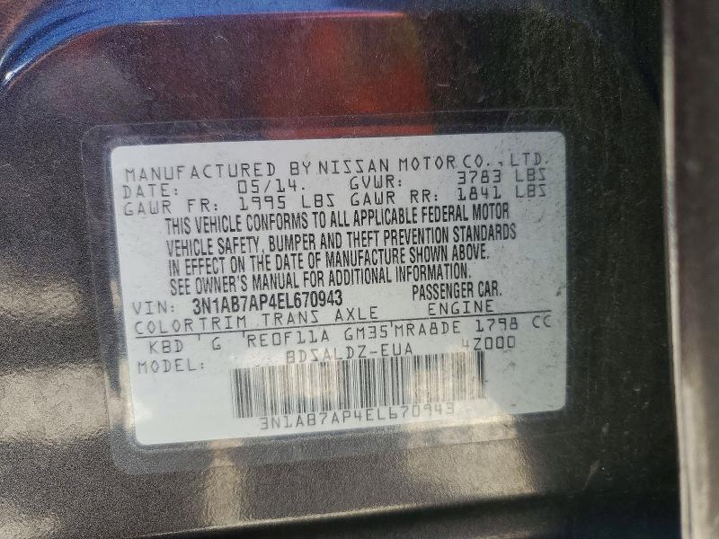 56104326 :رقم المزاد ، 3N1AB7AP4EL670943 vin ، 2014 Nissan Sentra مزاد بيع