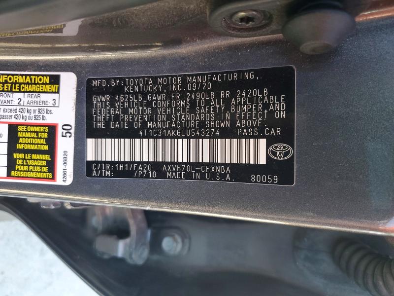 Aukcja sprzedaży 2020 Toyota Camry, vin: 4T1C31AK6LU543274, numer aukcji: 57758326