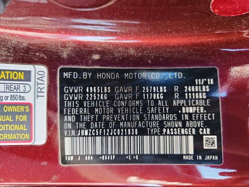 58236166 :رقم المزاد ، JHMZC5F12JC021930 vin ، 2018 Honda Clarity مزاد بيع