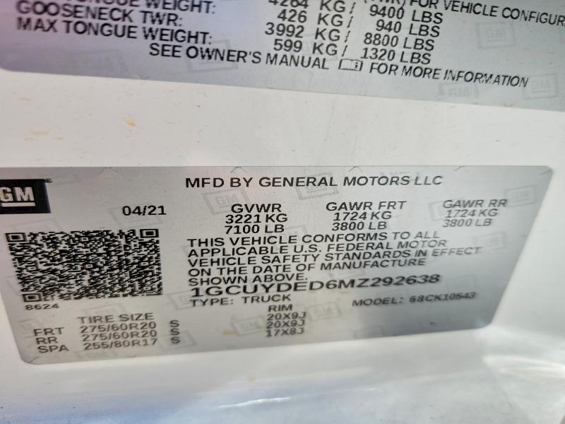 Продаж на аукціоні авто 2021 Chevrolet Silverado, vin: 1GCUYDED6MZ292638, номер лоту: 55907926